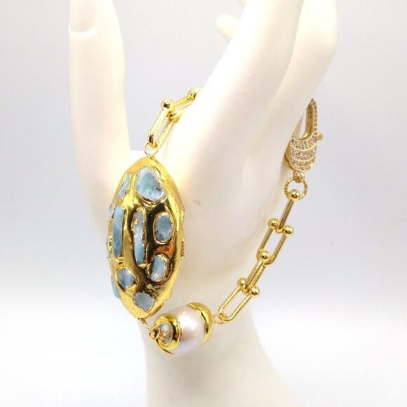 Gold Plated Larimar Gemstone Pearl Bracelet, 8 1/2 Inches, Rhinestone Clasp - Picture 3 of 10